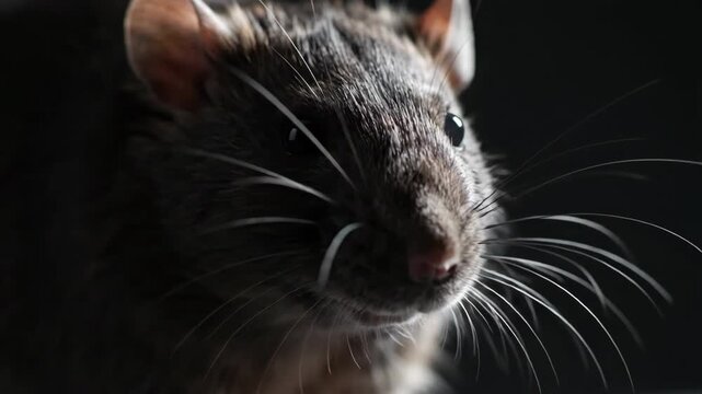 Close-up of a rats face with whiskers and dark background.