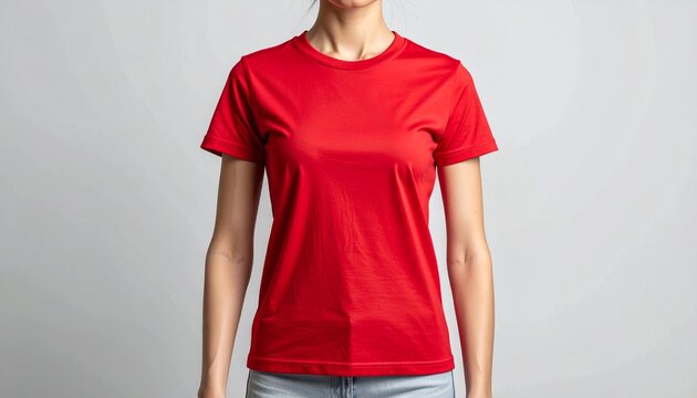 Front view of a woman wearing a plain red t-shirt and jeans, perfect for showcasing apparel designs or mockups
