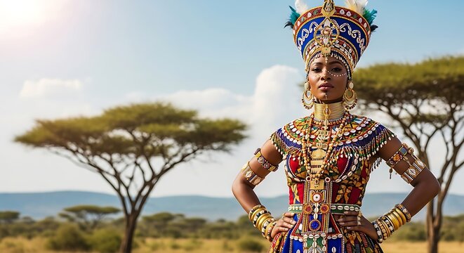 Resplendent woman adorned in elaborate traditional attire stands confidently against an open savanna backdrop