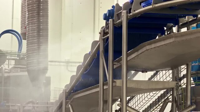 Blue conveyor system inside a hygienic processing facility with stainless steel rails, spray mist, and automated production equipment in a clean industrial environment.