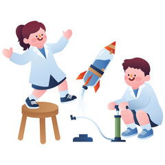 Fototapeta premium Childern Science Experiment Illustration. Vector illustration of Kids launching small rocket experiment in science activity. Isolated on background