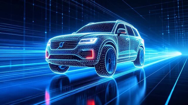 Futuristic digital wireframe car with glowing red and blue neon lines