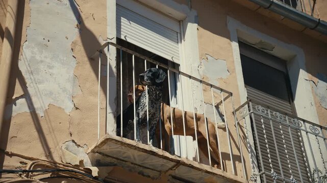 Two dogs stand closely together on a sunlit balcony, with one resting its head on the other, capturing companionship, affection, and a calm everyday moment.