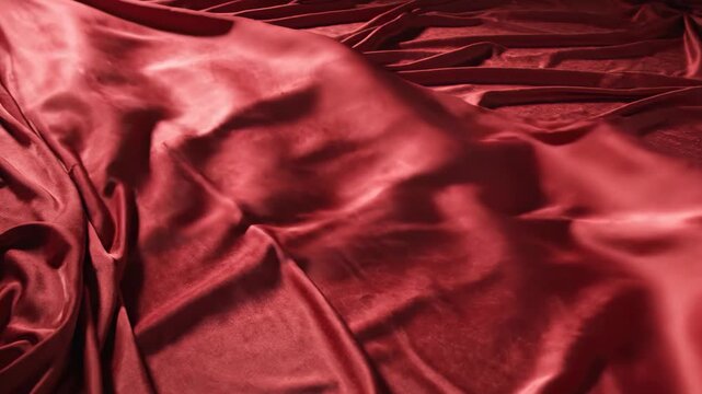 A beautiful cinematic animation of elegant dark red silk or satin cloth rippling and flowing with smooth, luxurious waves. Ideal for premium fashion backdrops, luxury product reveals, romantic Valenti