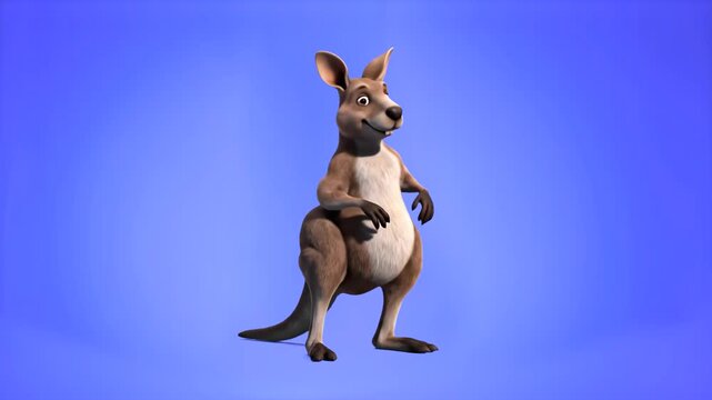 A lively 3D animation loop of a funny brown kangaroo character doing a joyful dance against a solid blue screen background. Perfect for Australian wildlife educational clips, children's animated conte