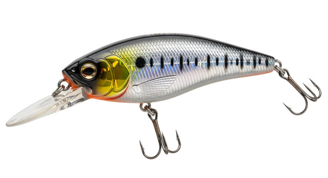 Colorful fishing lure with twin treble hooks.
