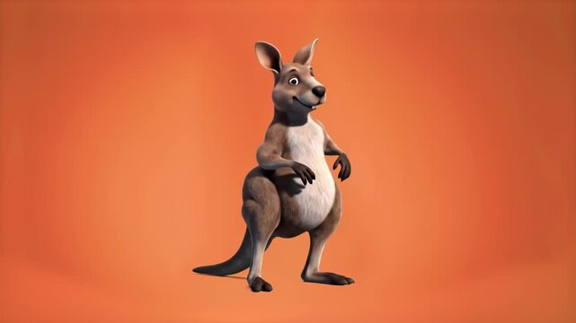 A friendly 3D animated kangaroo mascot standing and looking around against a warm orange background. This character is perfect for Australian-themed projects, zoo marketing, children's educational con