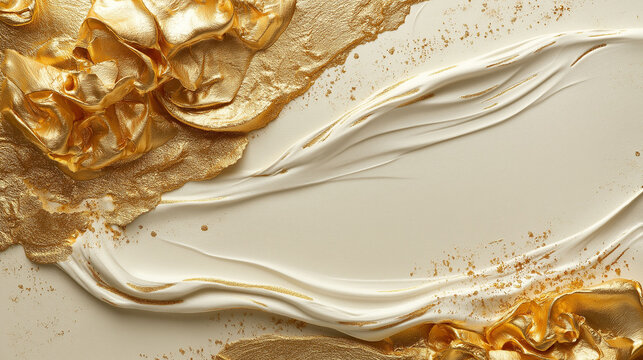 A gold and white background with a gold and white line made of glitter. The line is on a white background and it creates a sense of movement and texture. The glitter adds a touch of glamour