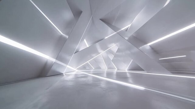 Modern white interior corridor with geometric walls and linear lighting