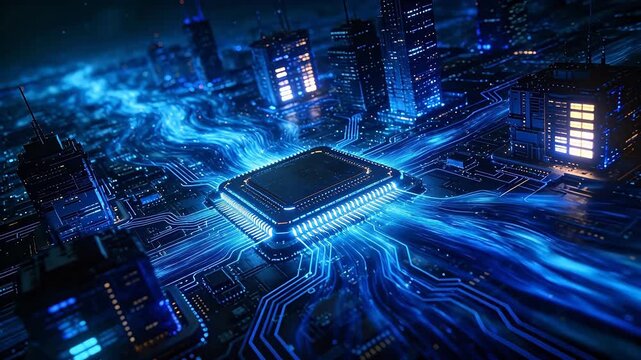 Futuristic giant microchip with glowing circuits over city skyline