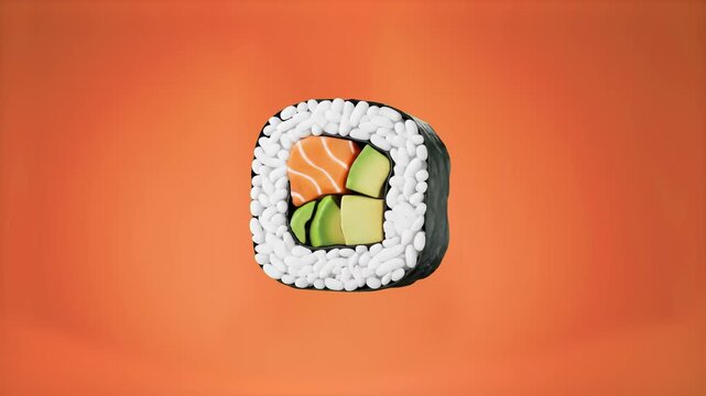 A detailed illustration of a single sushi maki roll featuring salmon and avocado wrapped in seaweed and rice, set against a solid orange background. This graphic is ideal for restaurant menus, food de