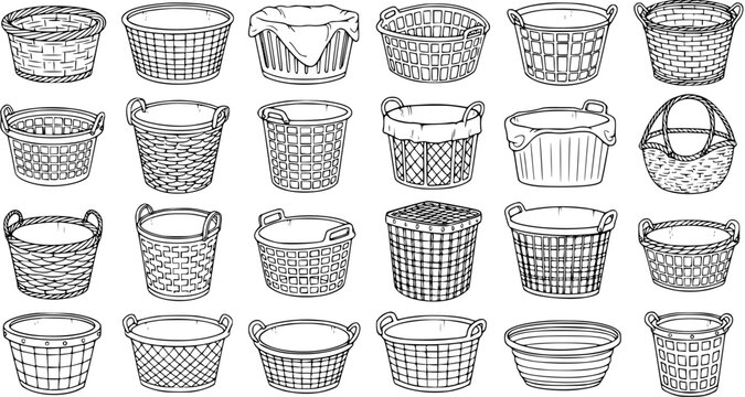 Household Laundry Baskets and Storage Hampers Black and White Line Art Set. Hand-Drawn Collection of Home Organization and Chore Bins.