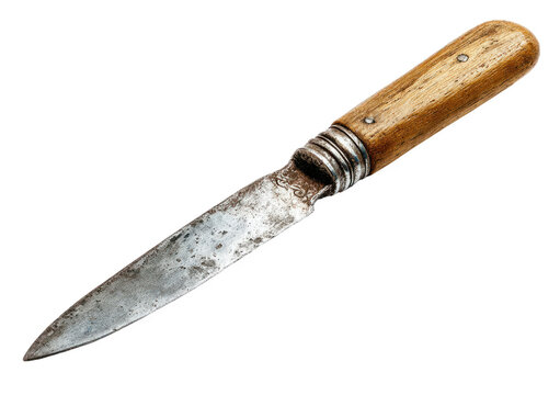 Old worn small kitchen knife with wooden handle and rusty blade, rustic vintage utensil