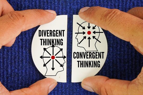Hands hold white paper with words Two prominent types of thinking are divergent thinking and convergent thinking. Divergent thinking generates creative ideas by exploring many possible solutions