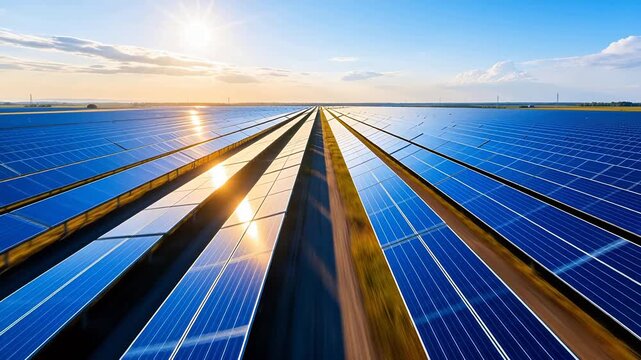 Solar power plant with rows of blue photovoltaic panels under sunlight