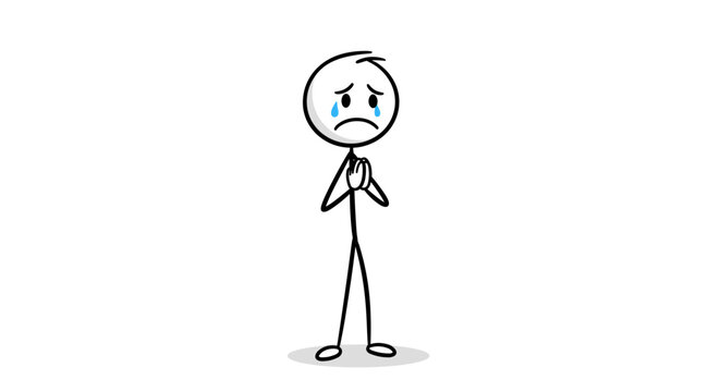 Sad stick figure with tearful eyes and clasped hands begging for help conveying desperation and pleading emotion