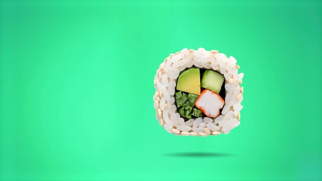 A high-quality 3D render of a California sushi roll spinning against a bright cyan studio background. Perfect for vibrant food advertisements and social media content.