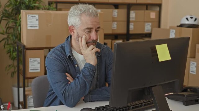 Man holding pen with hand at computer desk sorting parcels and checking labels in building; quiet concentration.