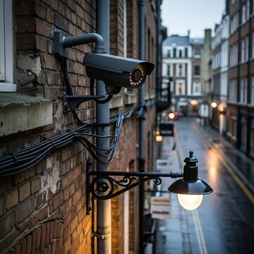 Exterior surveillance camera and illuminated street lamp mounted on a brick building overlooking a narrow urban lane