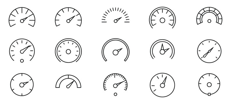 Speedometer icon set, modern gauge and performance meter symbols, clean outline vector pack with dial and needle indicators