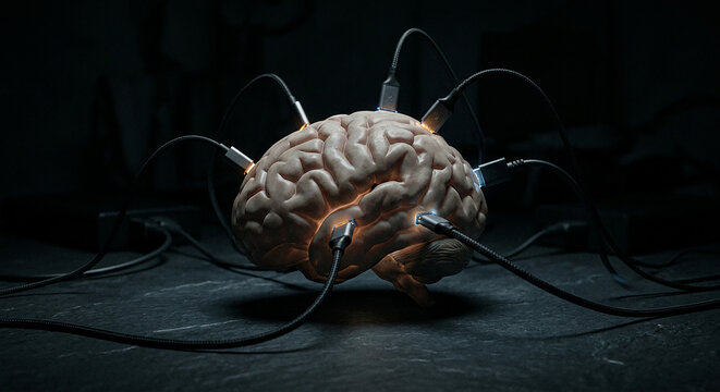 A human brain with multiple cables plugged in, glowing connections, dark background, futuristic.