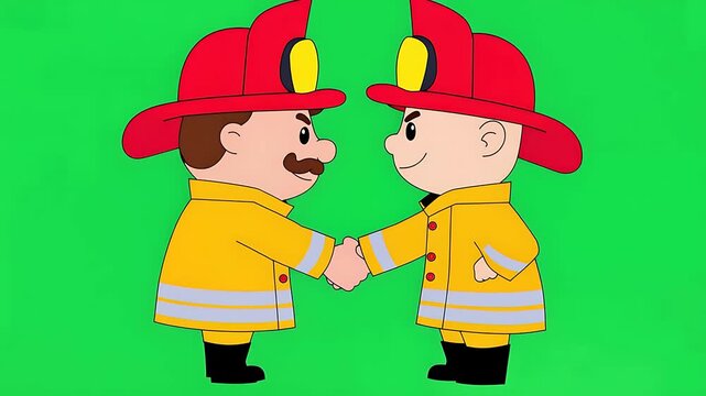 Friendly cartoon firefighters shaking hands, teamwork and cooperation concept
