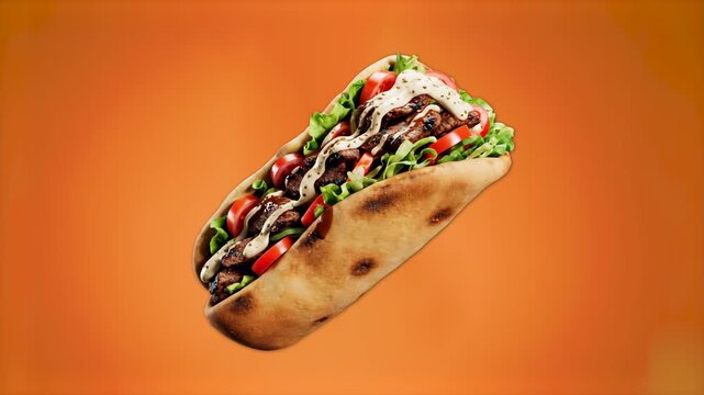 A 3D rendered graphic of a fresh meat and vegetable wrap floating over a vibrant orange gradient background. This looping food animation is perfect for restaurant menus, digital signage, and food mark