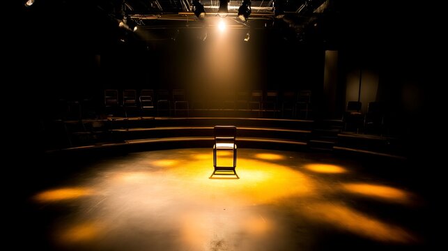 rehearsal. Empty theater rehearsal hall with a single spotlight on a central chair casting dramatic shadows. real-estate listings.