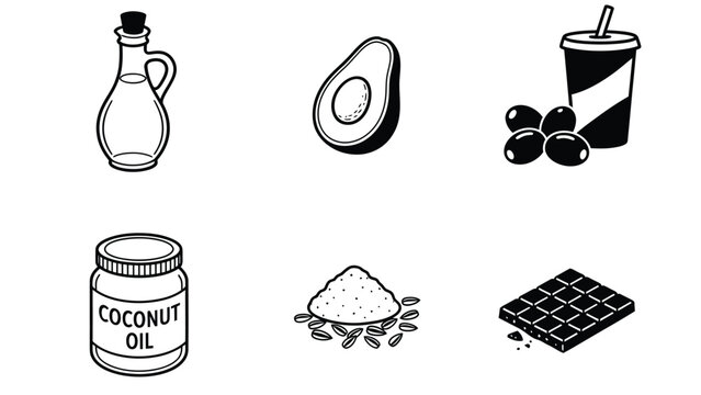 A collection of six isometric icons representing healthy food ingredients and drinks, including oil, avocado, olives, coconut oil, seeds, and chocolate.