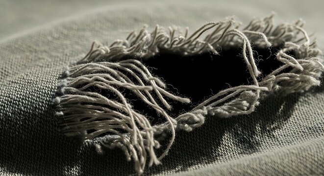 Close-up of a frayed hole in a textured fabric surface