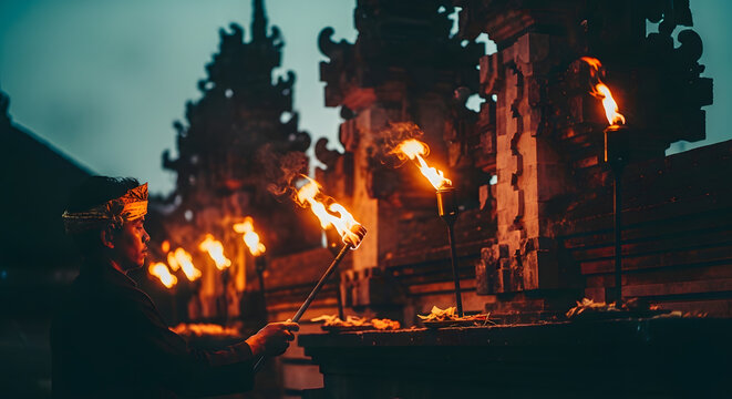 Silhouette of person lighting torches in ancient stone building