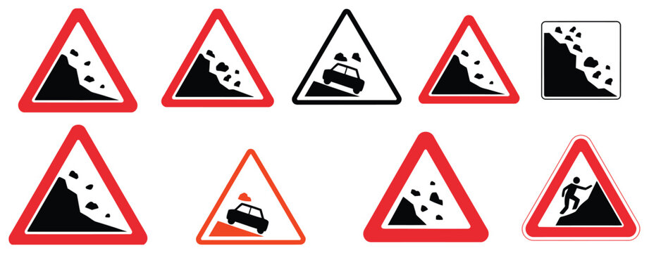Falling rocks debris landslide warning sign illustration showing hazard triangle with falling stones, slope instability, and debris flow symbols, clean modern vector design representing natural