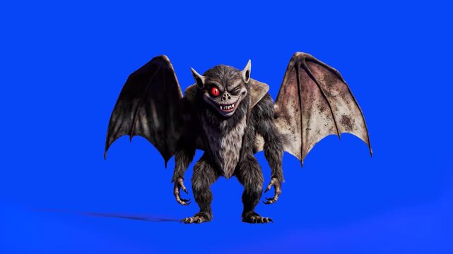 A menacing 3D winged creature or gargoyle monster with glowing red eyes stands menacingly on a blue screen background. Designed for fantasy gaming, Halloween content, horror VFX, and cinematic monster