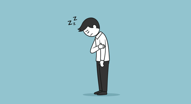 Exhausted businessman slumps forward showing signs of extreme fatigue and sleepiness with 'zzz' symbols above his head