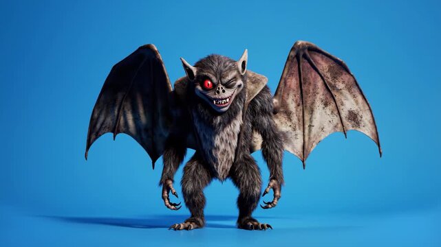 A menacing 3D animated gargoyle or bat monster character with large wings standing on a light blue backdrop. This high-detail asset is tailored for video game teasers, fantasy films, and Halloween hor