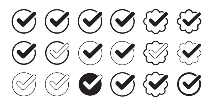 Verified badge icons set with check marks in different circle and flower shapes for social media profile account.