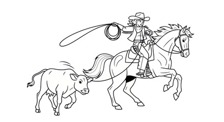 Cowboy girl on horseback lassoing a calf, western rodeo scene, line art illustration. © Teh