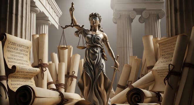 Lady Justice statue with legal documents