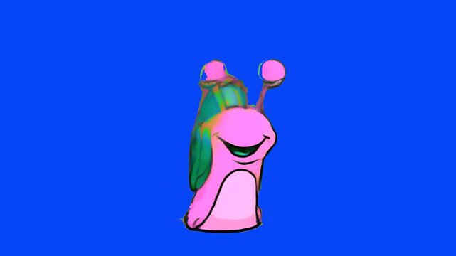 A whimsical pink snail with a large, smiling face and a green and orange shell. This simple 2D flat character animation represents nature, slow pace, and whimsical storytelling.