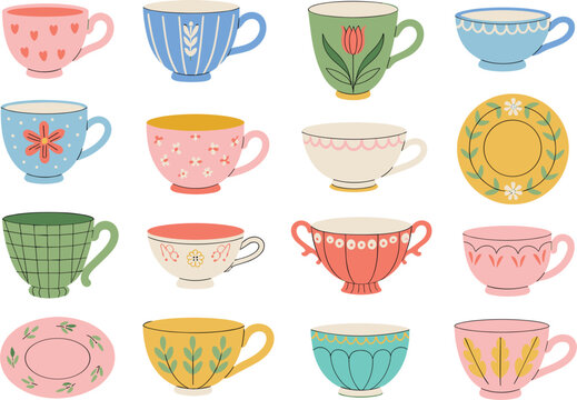 Cute teacups collection with decorative patterns colorful vector illustration for kitchen decor and drinkware design
