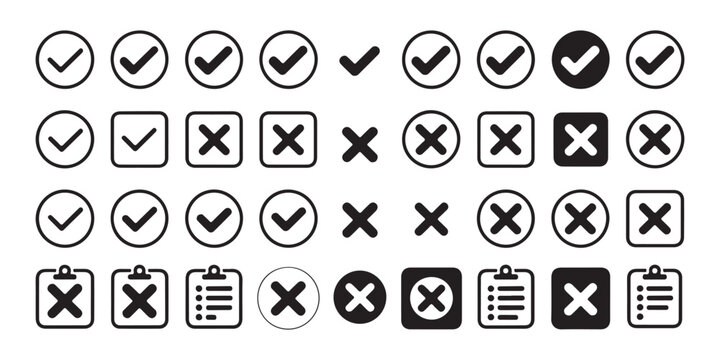 Check mark and cross sign vector icon set, including checklist and clipboard symbols for tasks.