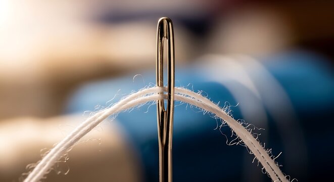Close-up of a sewing needle threading with white thread indoors