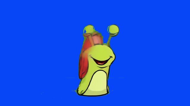 A friendly 2D animated snail mascot with a red shell smiling and waving on a vibrant blue screen background. Designed for elementary education, children's storytelling apps, and nursery rhyme videos.