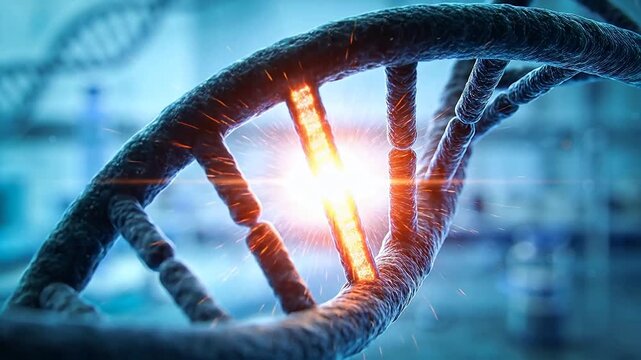 Close-up of DNA double helix structure with glowing orange base pairs