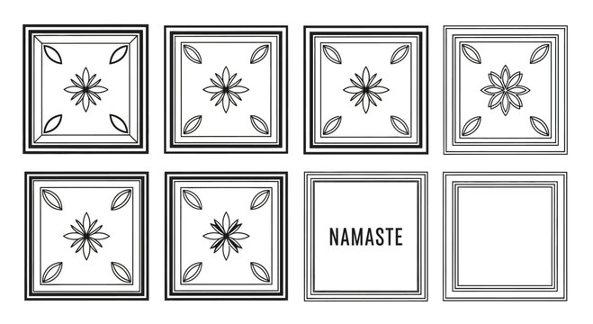 Set of decorative square frames with floral mandala patterns and Namaste lettering.