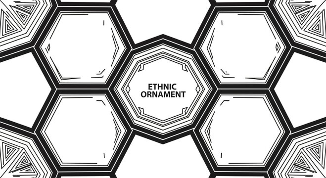 Black and white ethnic geometric ornament pattern with honeycomb structure.