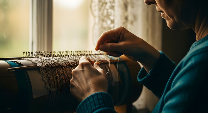Close up of artisan using thread and pins to weave intricate textile pattern