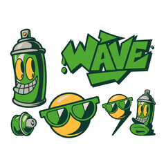 Naklejka premium Graffiti spray can character set, urban street art wave text and cool sunglasses emoji vector