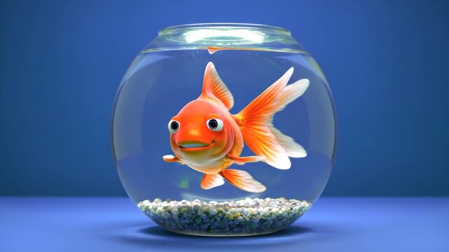 A humorous 3D rendered cartoon goldfish character with big expressive eyes swimming happily inside a classic round glass fishbowl with white pebbles. Set against a clean blue studio background, this p