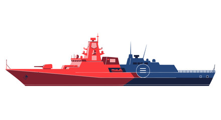 Conceptual split naval warship illustration, red vs blue sides, modern military vessel. © Tembok